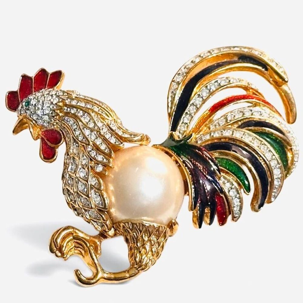 Vintage Rooster Brooch Gold Tone Rhinestone Enamel Faux Pearl Chicken Pin